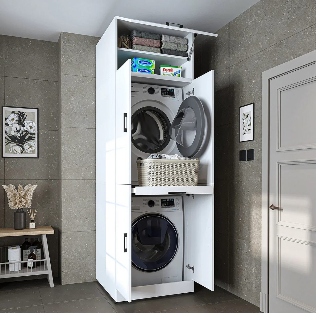 Roomart Dora Cabinet for washing machine and dryer with pull-out board and cupboard doors – utility room storage in anthracite, white, and oak finishes