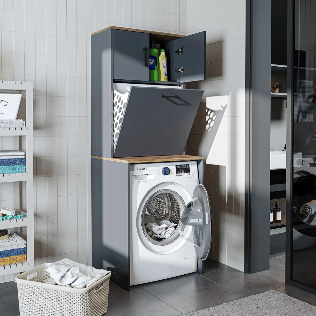 Roomart Luna cabinet for washing machine with built-in laundry bin and pull-out shelf – modern utility room furniture in UK